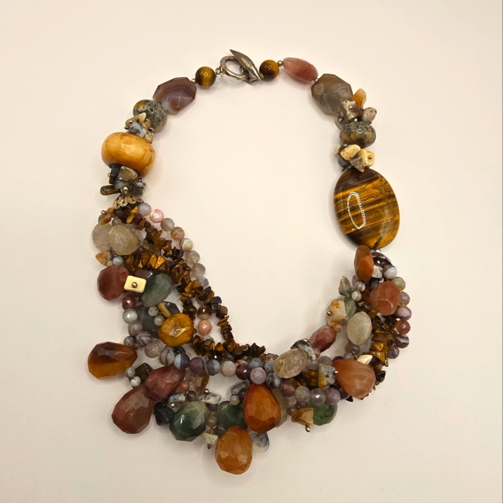 Stone Multi Strand Toggle Clasp Chunky Necklace - image 3